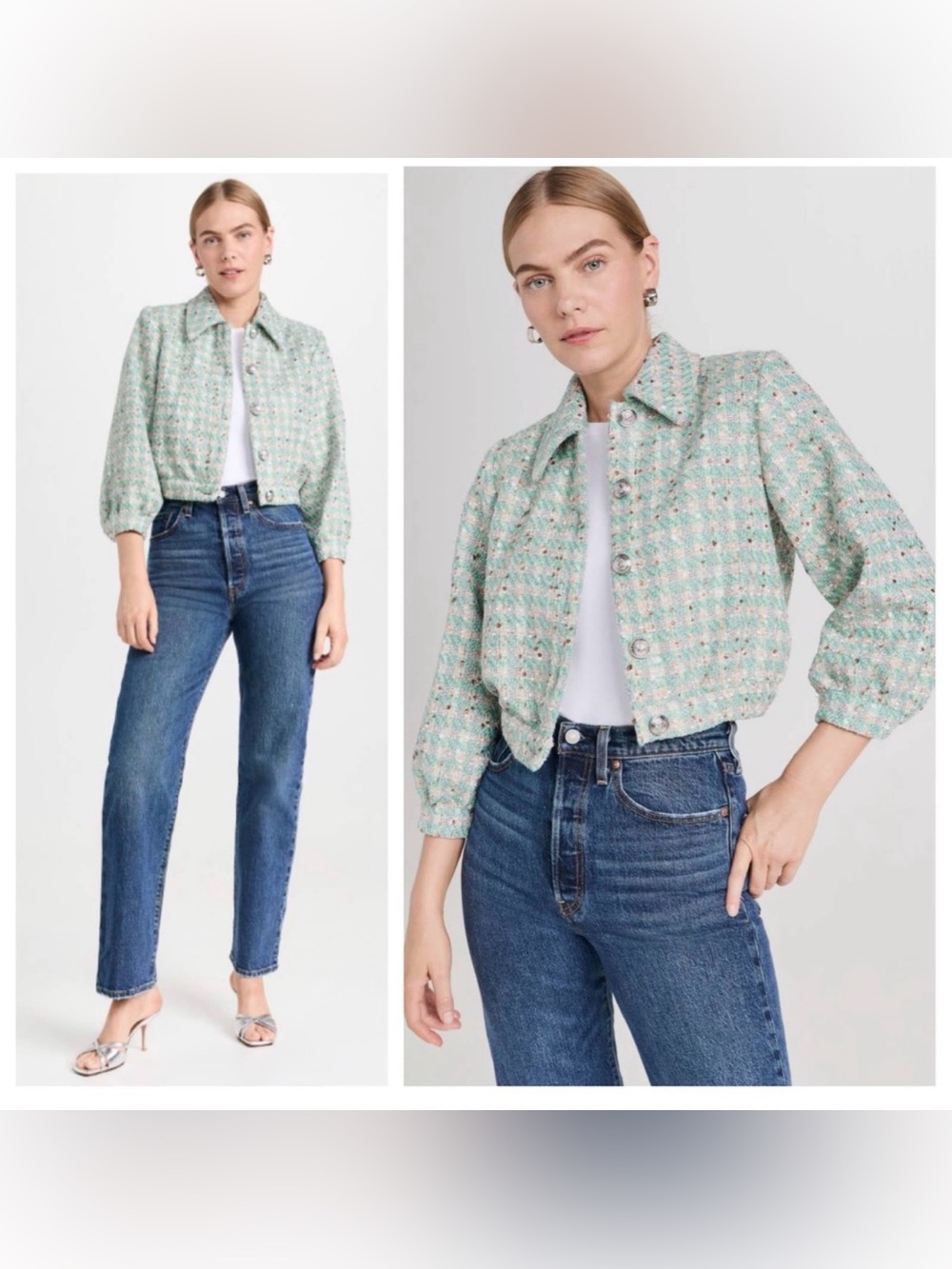 L'Agence Bridges Cropped Metallic Tweed Jacket Size 4 sage mint green